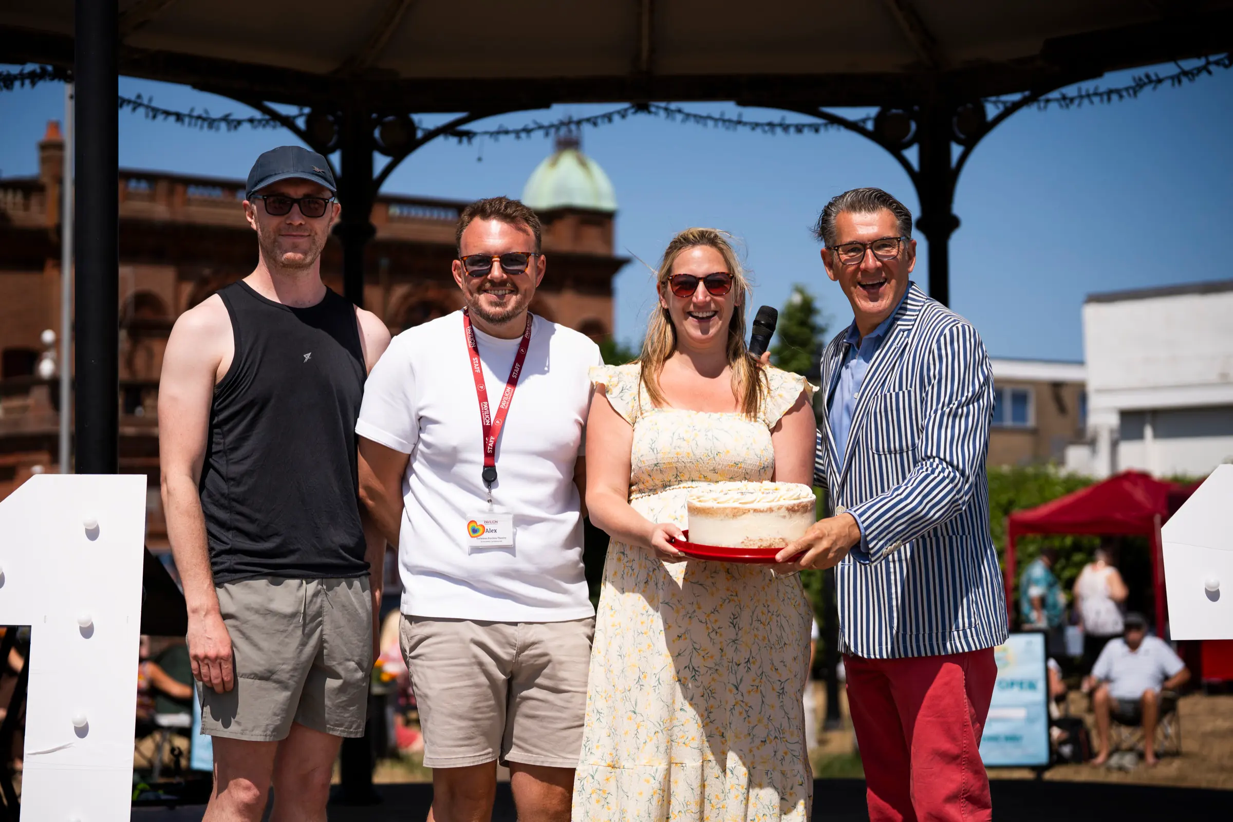 Pavilion staff and friends celebrating the theatre’s 125th birthday at the bandstand