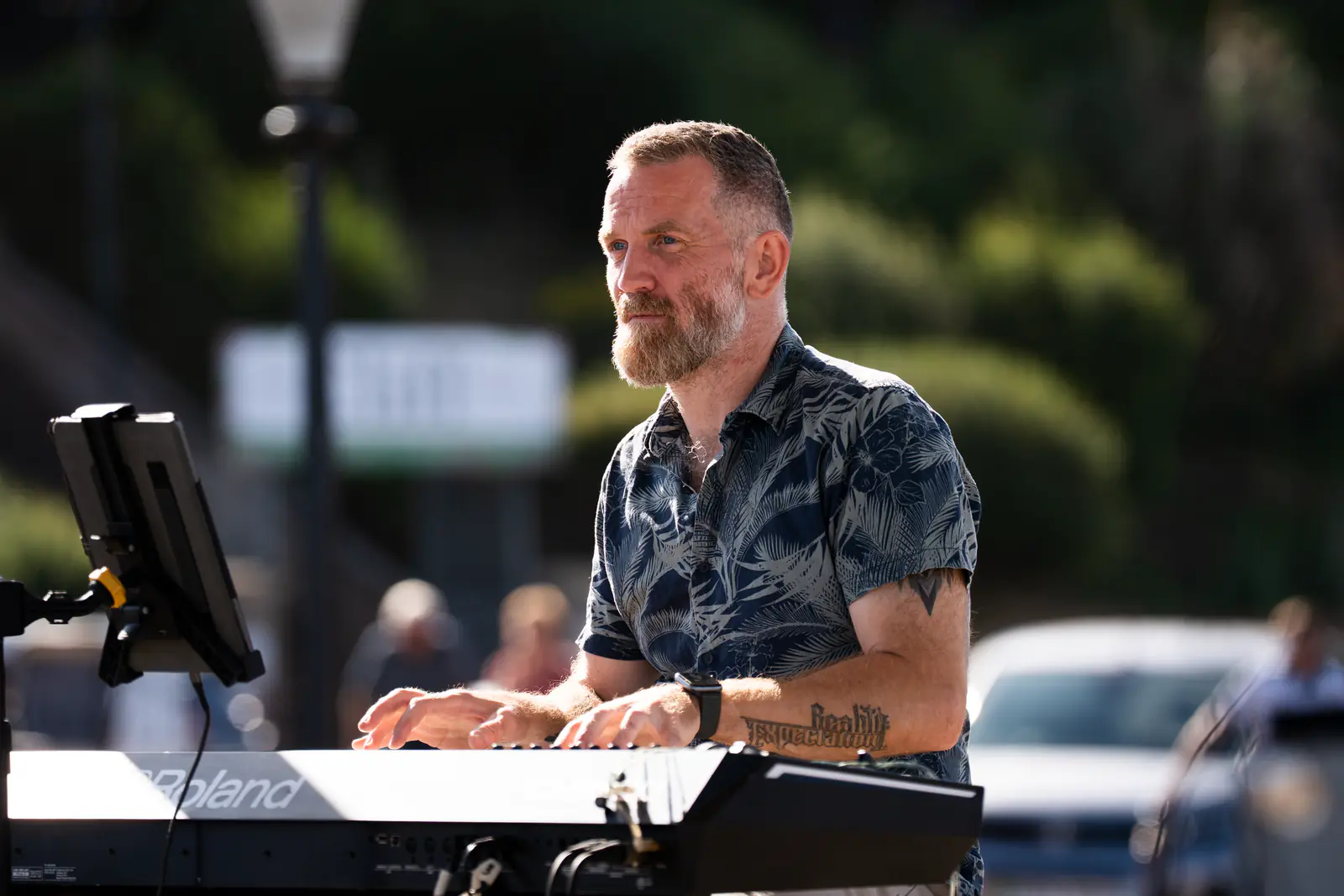 A keyboard player performing at the Pavilion’s bandstand celebration