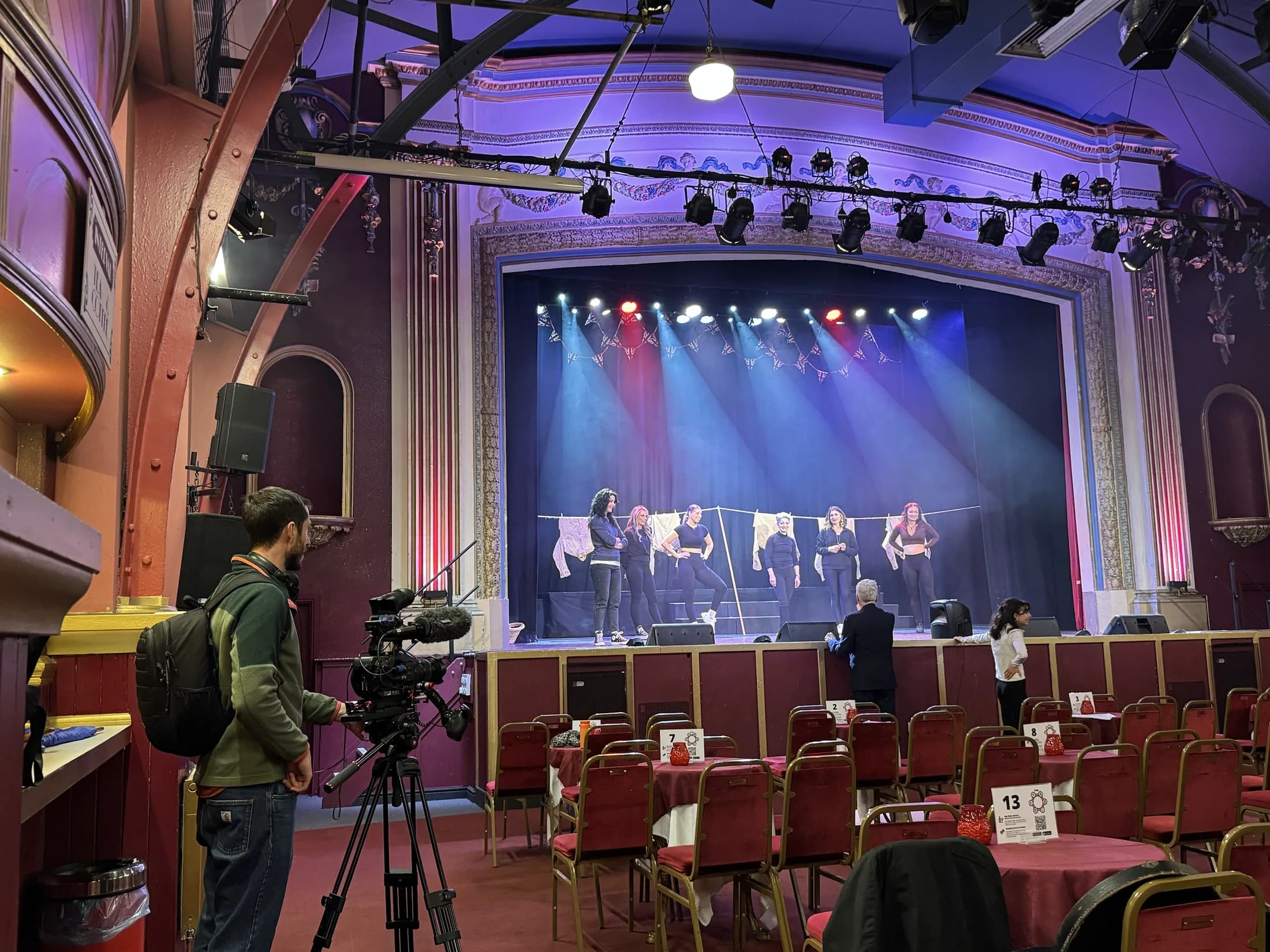 A BBC camera filming a VE Day performance on the Pavilion stage