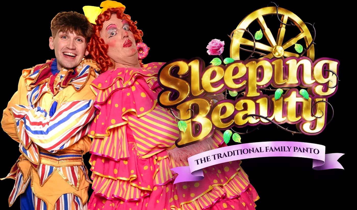 Sleeping Beauty with two of the pantomime characters — the traditional family panto