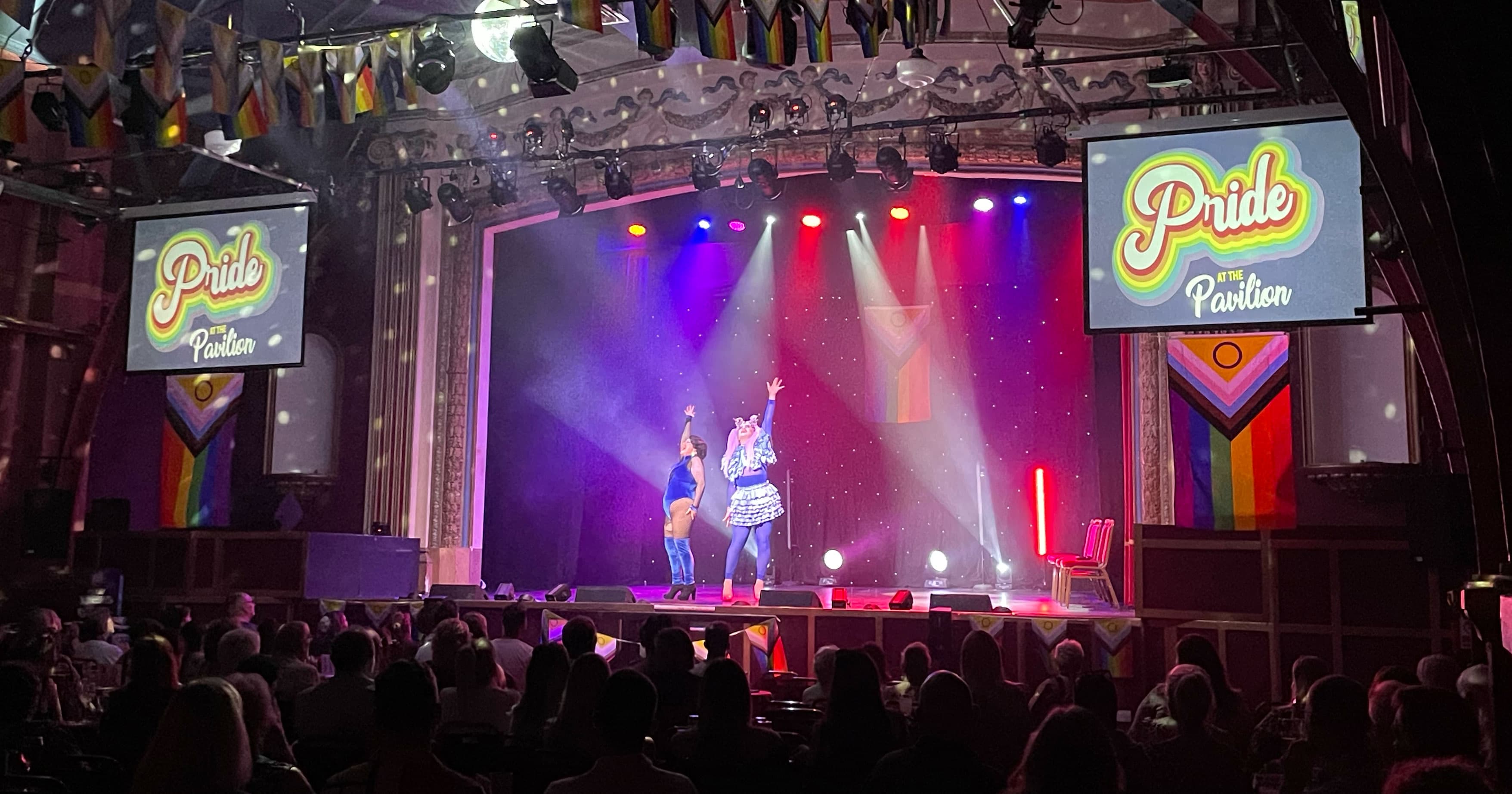 Image of the Pavilion Theatre stage with Pride performers