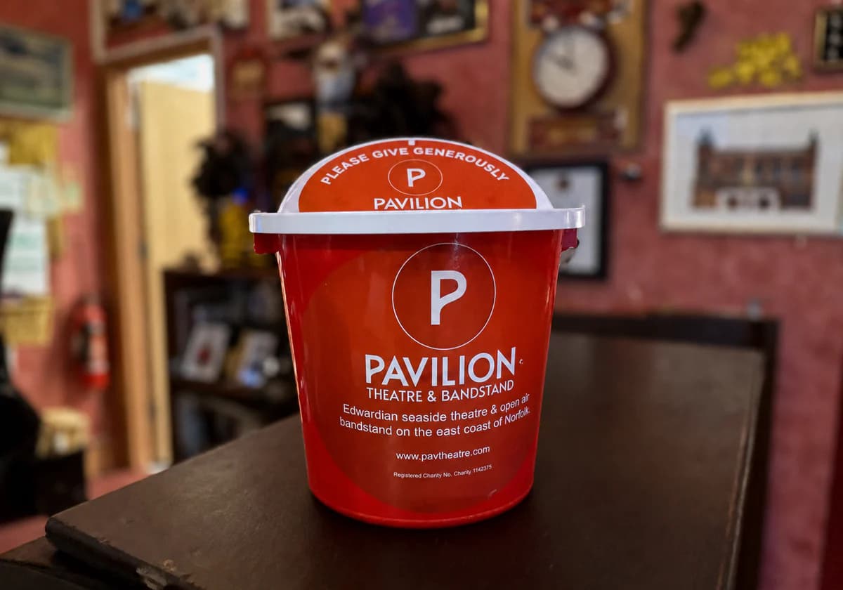 A Pavilion Theatre donation bucket in the theatre foyer