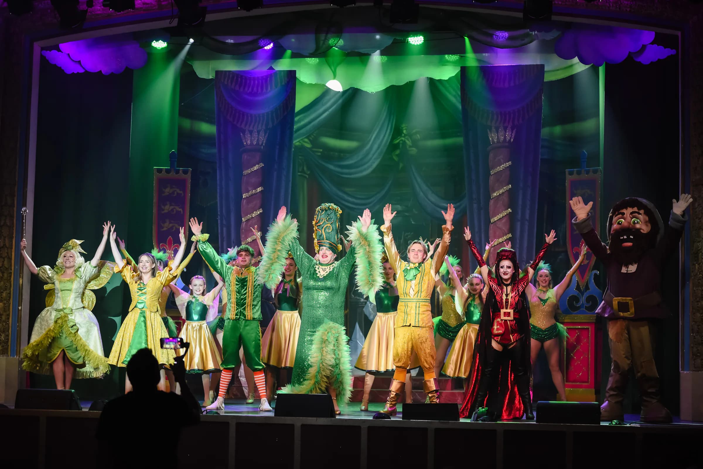 The cast of Jack and the Beanstalk taking their curtain call at the Pavilion Theatre