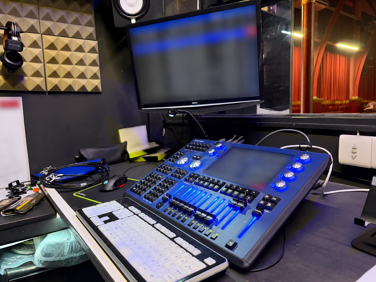 Lighting desk and technical equipment in the Pavilion theatre control booth