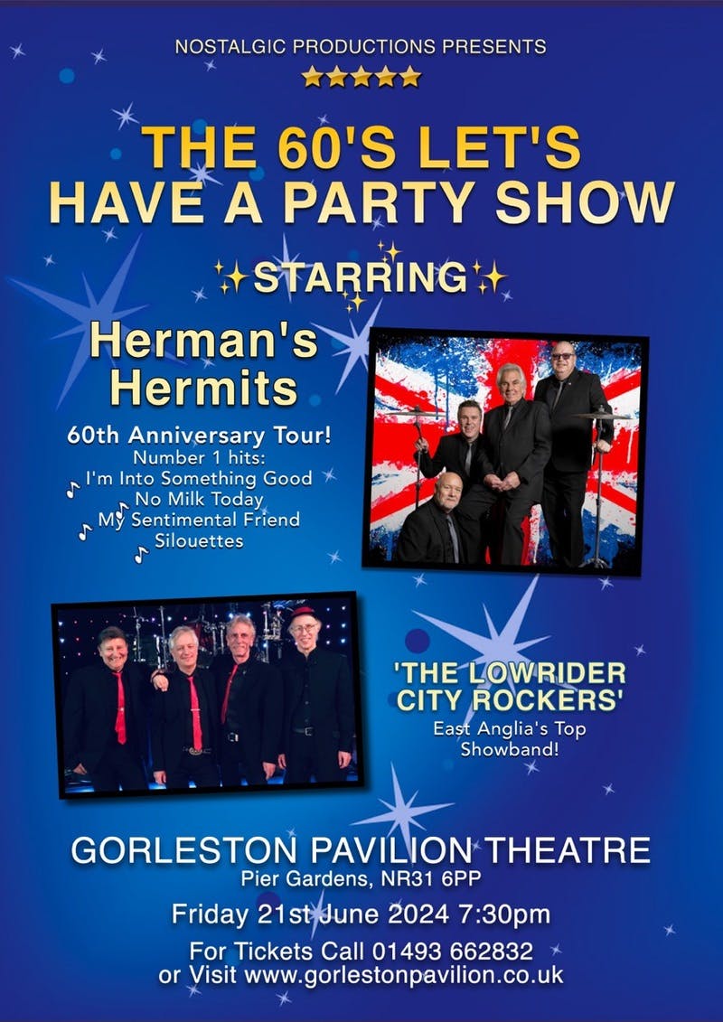 Poster for the Hermans Hermits 60th Anniversary show with The Lowrider City Rockers performance at the Gorleston Pavilion Theatre