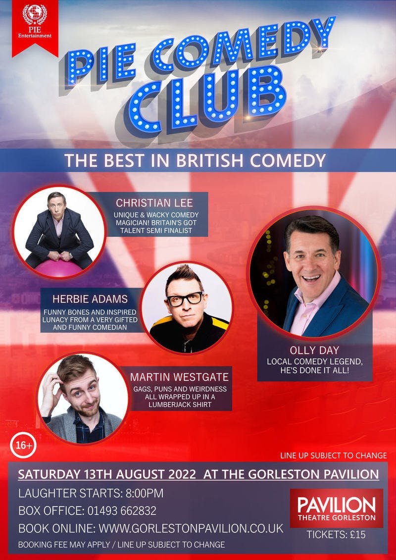 Poster for the PIE Comedy Club! performance at the Gorleston Pavilion Theatre