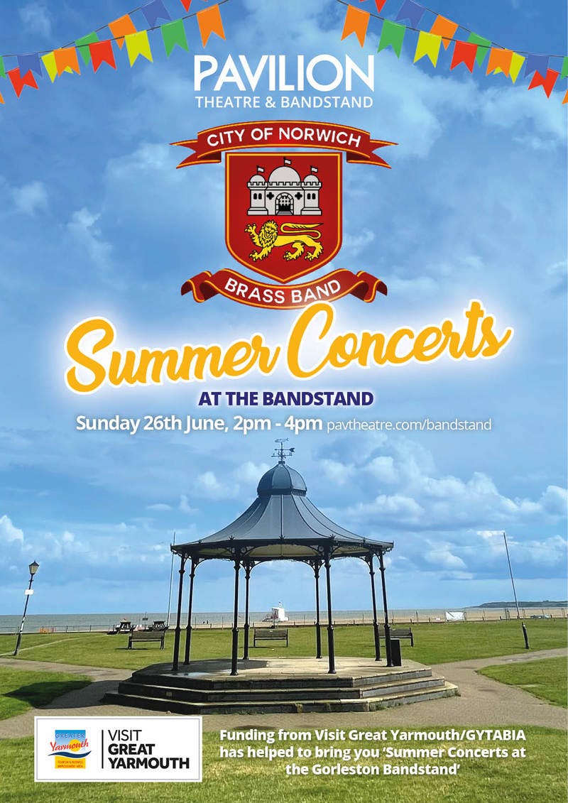 Poster for the City of Norwich Brass Band: Summer Bandstand Concerts performance at the Gorleston Pavilion Theatre