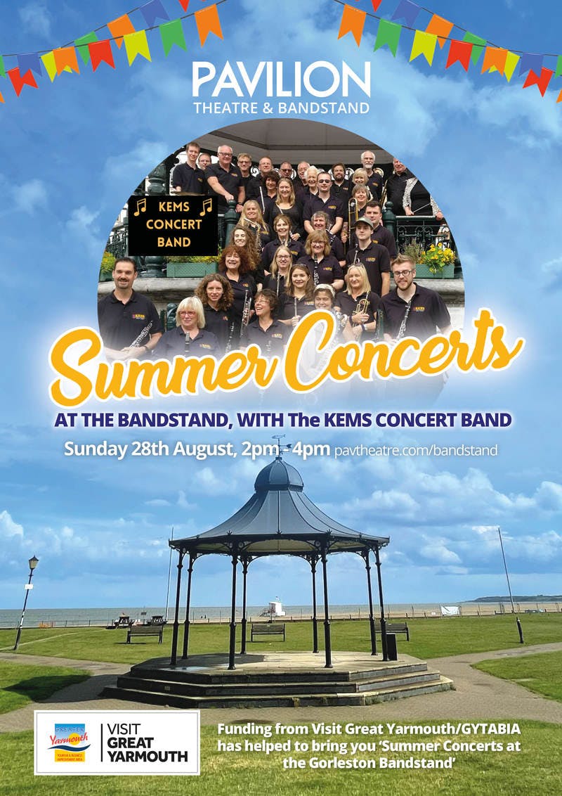 Poster for the The KEMS Concert Band: Summer Bandstand Concerts performance at the Gorleston Pavilion Theatre