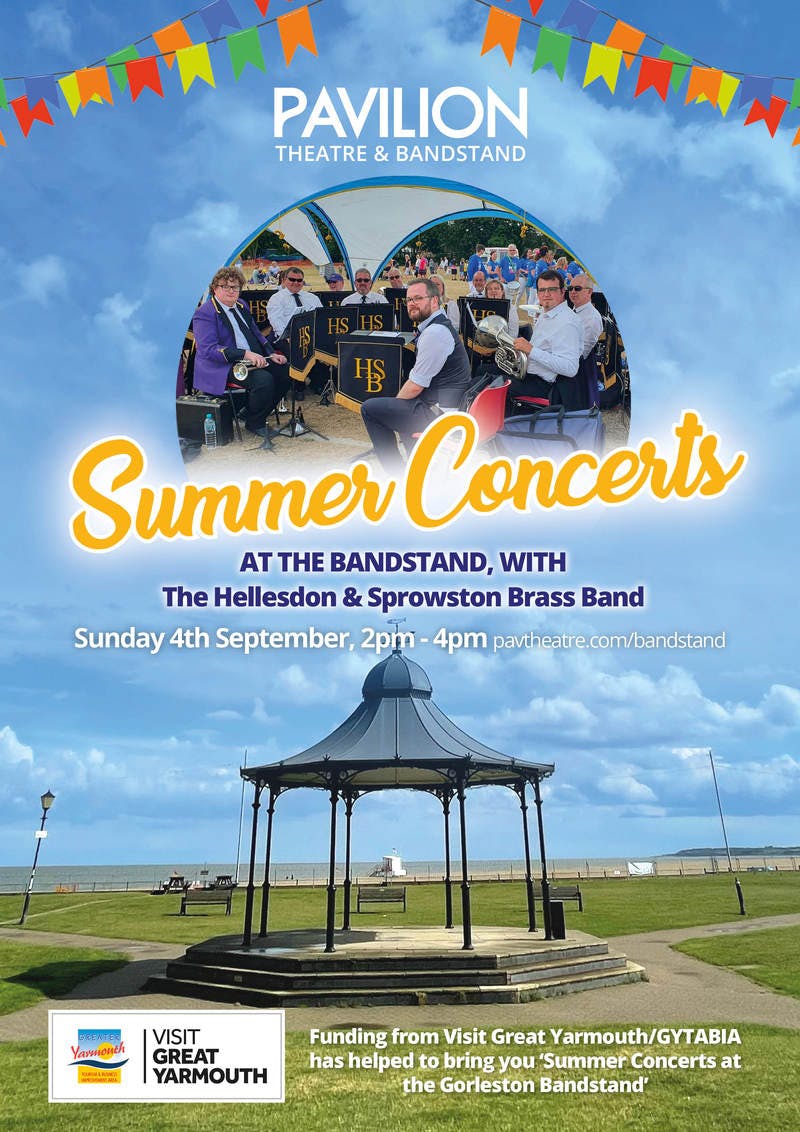 Poster for the Hellesdon and Sprowston Brass Band: Summer Bandstand Concerts performance at the Gorleston Pavilion Theatre