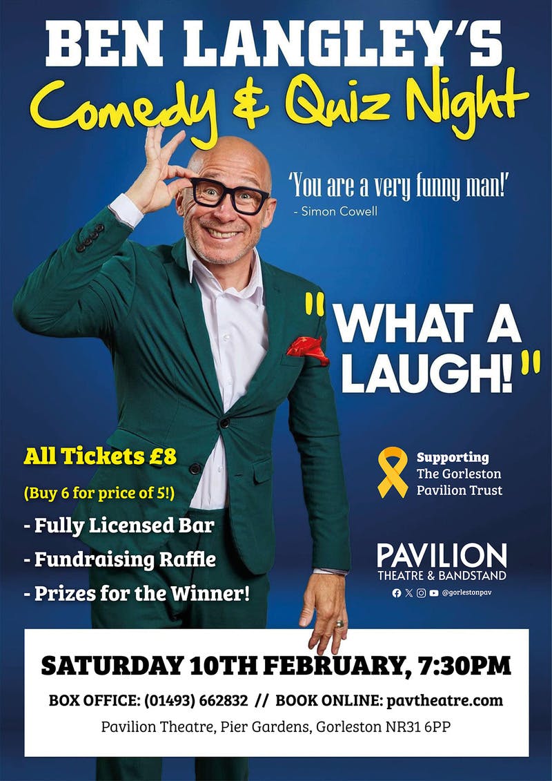 Poster for the Ben Langley's Comedy & Quiz Night performance at the Gorleston Pavilion Theatre