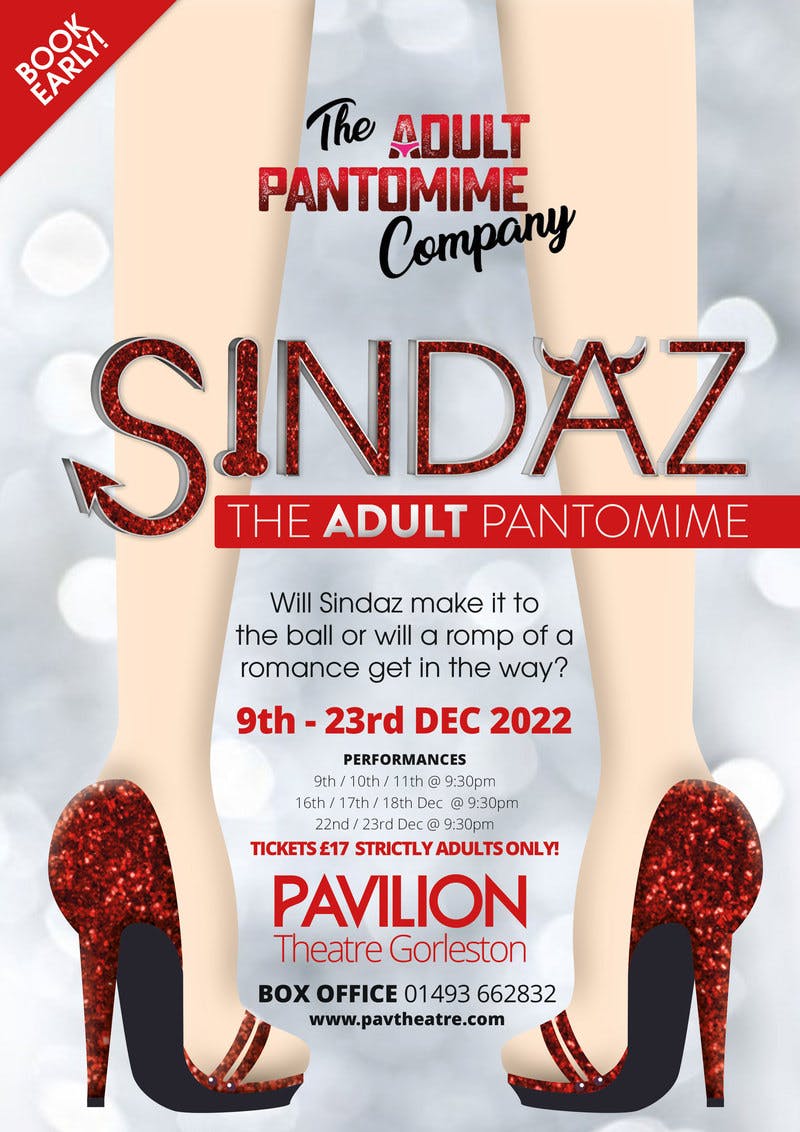 Poster for the SINDAZ - The Adult Pantomime performance at the Gorleston Pavilion Theatre